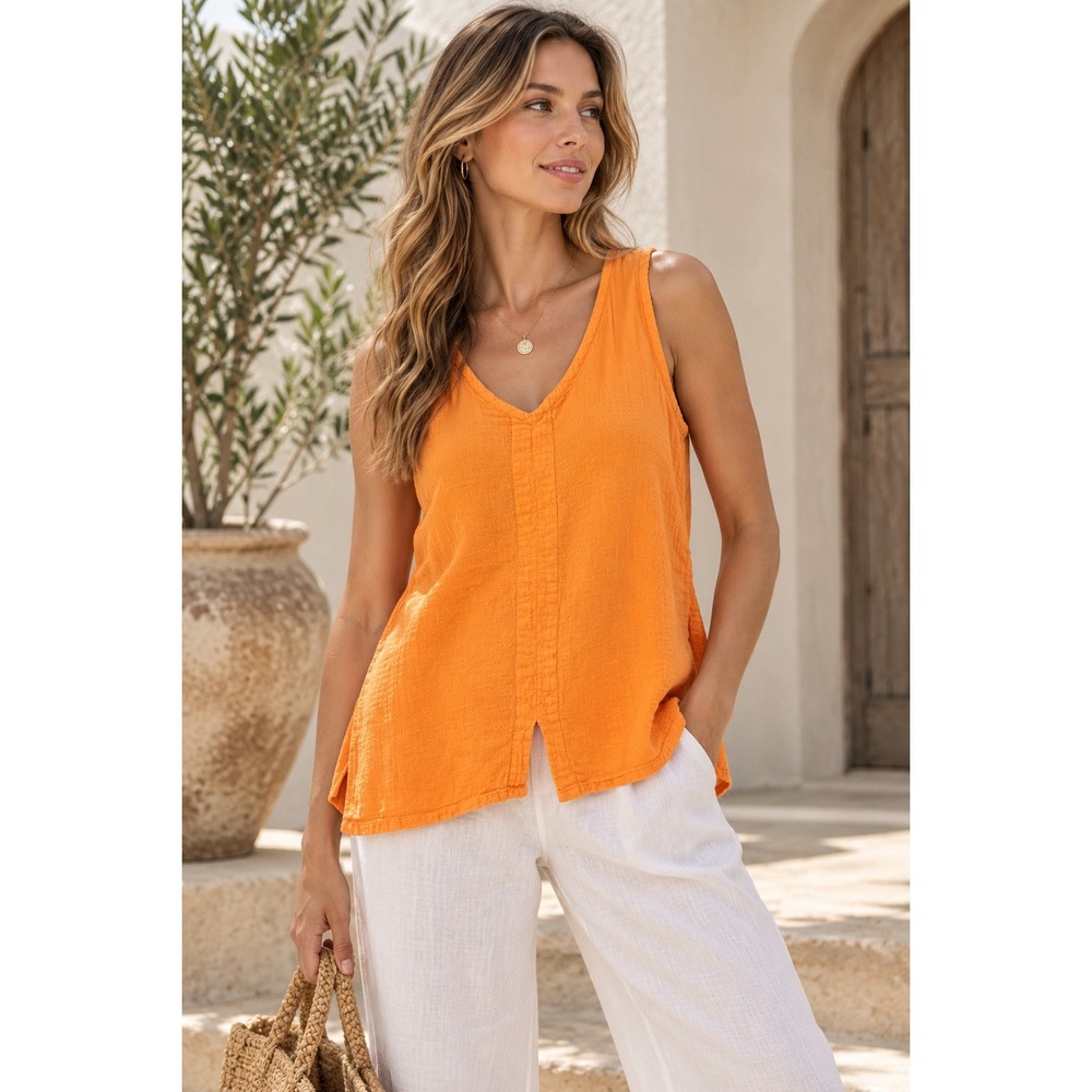 Oh My Gauze Size 1 Orange 100% Cotton Gauze V Neck Sleeveless Tunic Top